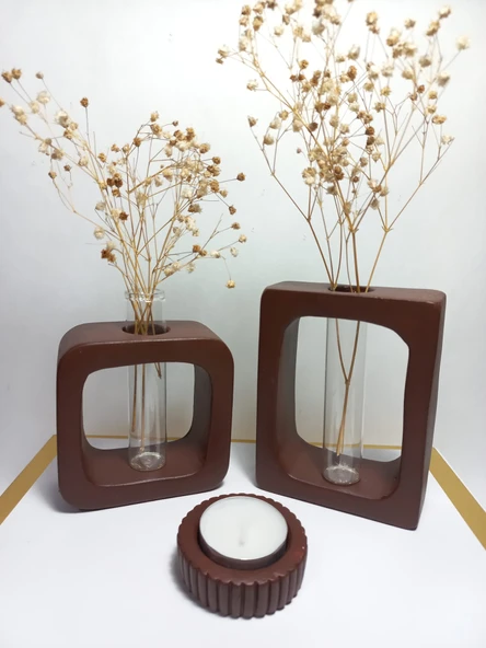 Chocolate Kahve Vazo Set 2'li,Kare-Dikdörtgen Formlu, Dekoratif Cam Tüplü, Kuru Çiçek Vazosu Obje ürün görseli 1