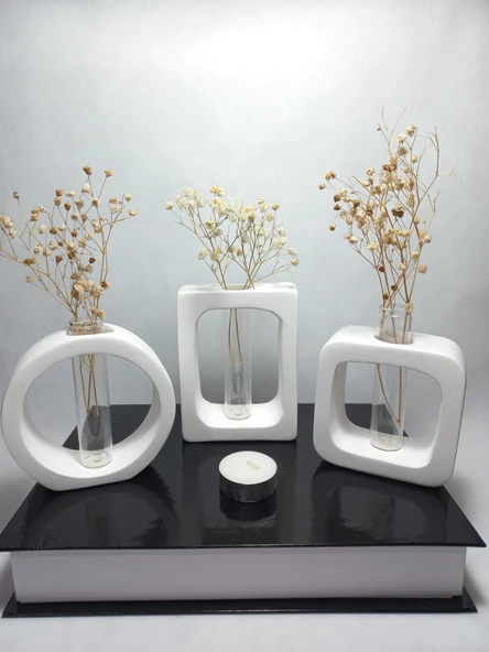 Modern Sanat Esintili, Dikdörtgen-Kare-Yuvarlak Formlu, Cam Tüplü Dekoratif 3'lü Vazo Set Beyaz Obje ürün görseli 1