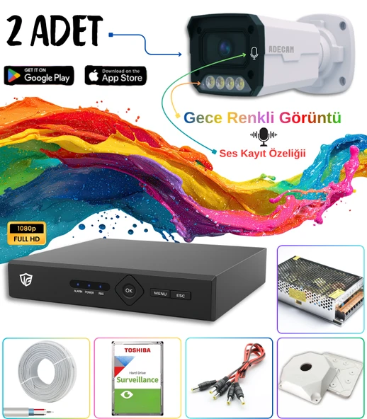 Adecam 2 li Full HD AHD Güvenlik Kamera Sistemi Cepten İzleme - Gece Renkli & Sesli Set + 30 Gün Kayıt  ürün görseli 1