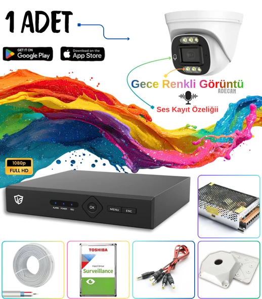 Adecam 1 li Full HD AHD Güvenlik Kamera Sistemi + 30 Gün Kayıt, Cepten İzleme - Gece Renkli & Sesli Set ürün görseli 1