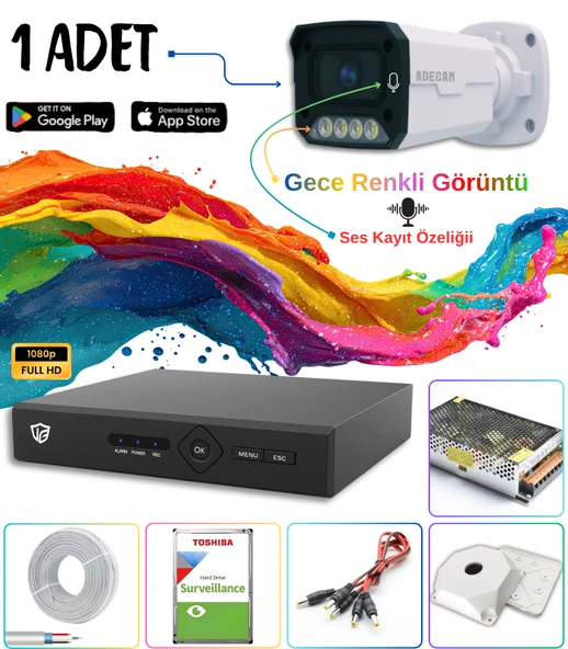 Adecam 1 li Full HD AHD Güvenlik Kamera Sistemi Cepten İzleme - Gece Renkli & Sesli Set + 30 Gün Kayıt  ürün görseli 1