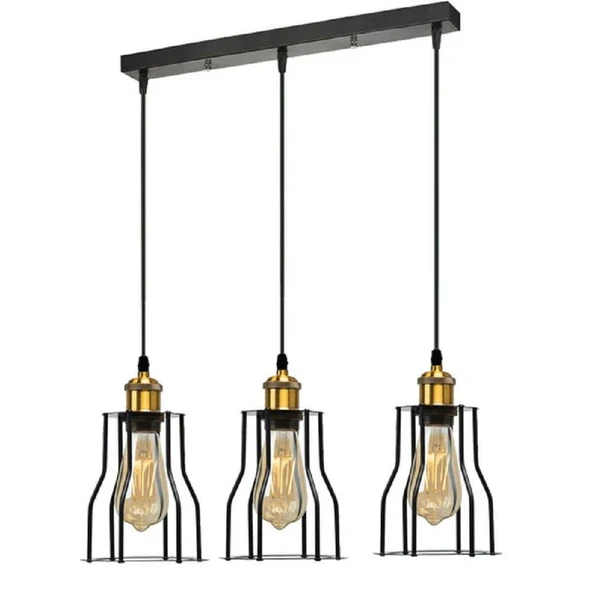 RİOLİGHT VİNTAGE,RETRO,RUSTİK,ANTİK SİYAH KAFES MASA ÜSTÜ 3XE27 METAL SARKIT AVİZE UZUNLUK:60CM ürün görseli 1