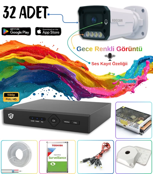 Adecam 32 li Full HD AHD Güvenlik Kamera Sistemi Cepten İzleme - Gece Renkli & Sesli Set + 30 Gün Kayıt  ürün görseli 1
