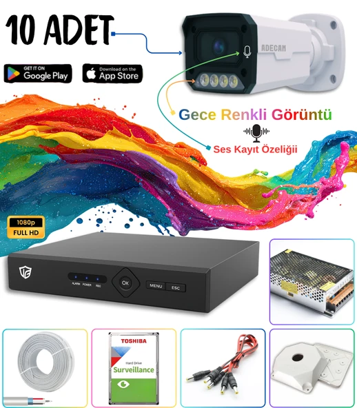 Adecam 10 lu Full HD AHD Güvenlik Kamera Sistemi Cepten İzleme - Gece Renkli & Sesli Set + 30 Gün Kayıt  ürün görseli 1