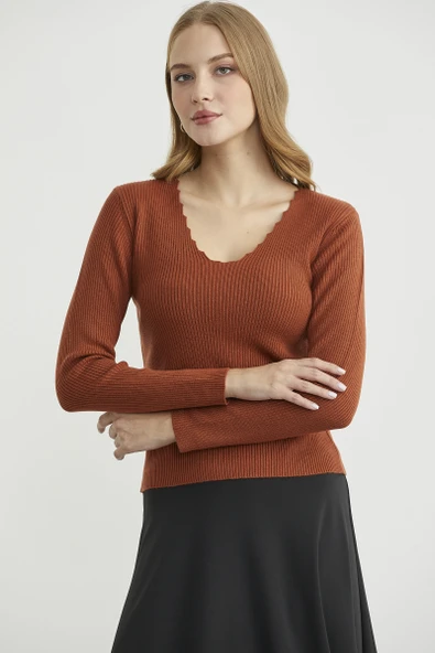 Fitilli Basic V Yaka Triko Kazak - Kiremit - Resim 3