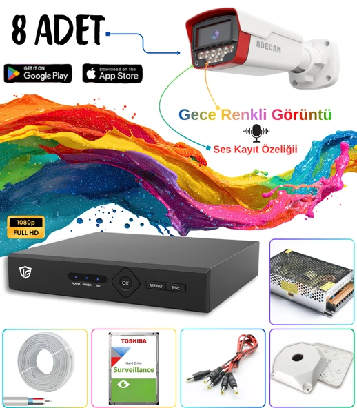 Adecam 8 li Full HD AHD Güvenlik Kamera Sistemi - Gece Renkli & Sesli Set + 30 Gün Kayıt, Cepten İzleme ürün görseli 1
