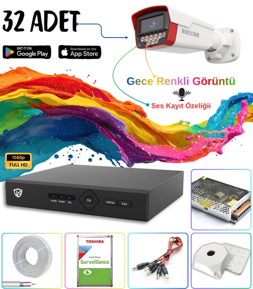Adecam 32 li Full HD AHD Güvenlik Kamera Sistemi - Gece Renkli & Sesli Set + 30 Gün Kayıt, Cepten İzleme ürün görseli 1