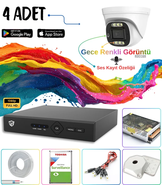 Adecam 4 lü Full HD AHD Güvenlik Kamera Sistemi + 30 Gün Kayıt, Cepten İzleme - Gece Renkli & Sesli Set ürün görseli 1