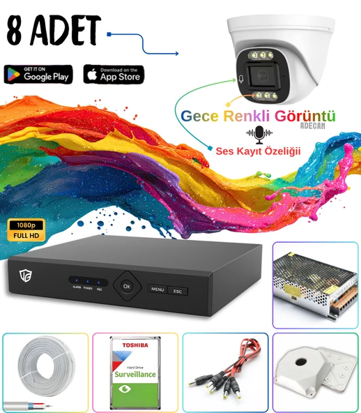 Adecam 8 li Full HD AHD Güvenlik Kamera Sistemi + 30 Gün Kayıt, Cepten İzleme - Gece Renkli & Sesli Set ürün görseli 1