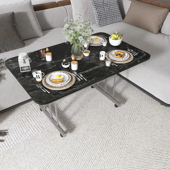 METAL AYAKLI TEKERLEKLİ EKONOMİK ORTA SEHPA 70 x 110 cm SİYAH MERMER ürün görseli 1