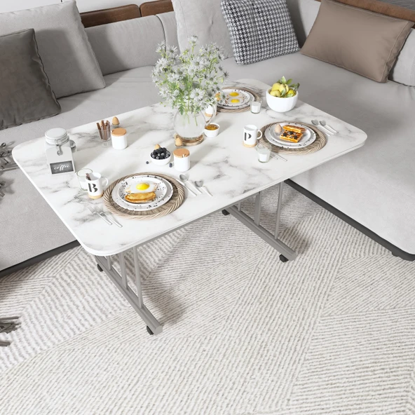 METAL AYAKLI TEKERLEKLİ EKONOMİK ORTA SEHPA 70 x 110 cm  BEYAZ MERMER ürün görseli 1