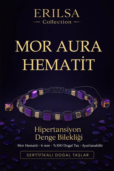 Sertifikalı Hipertansiyon Denge Enerji Bilekliği – Mor Aura Hematit Doğal Taş 6 mm Ayarlanabilir ürün görseli 1