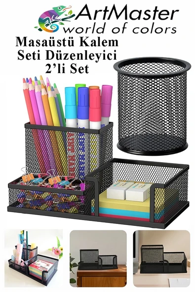 Masaüstü Metal Silindir Kalemlik ve 3 lü Düzenleyici 1 Paket Fileli Perfore Siyah Kalemlik Kağıtlık Düzenleyici ürün görseli 1