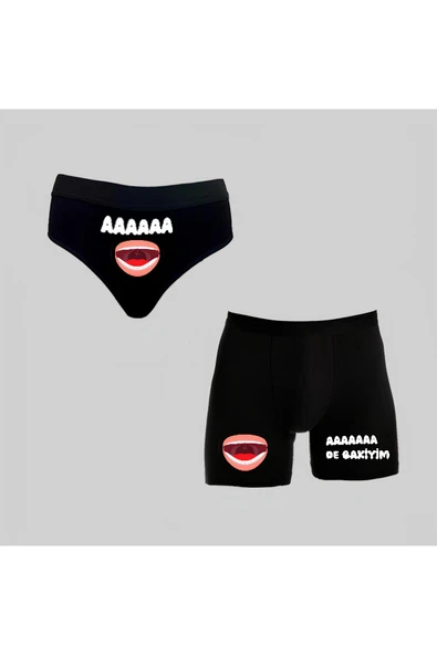 TexKid Kutulu Ağız Tasarımlı Eğlenceli Kadın Külot Ve Erkek Boxer İkili Set ürün görseli 1