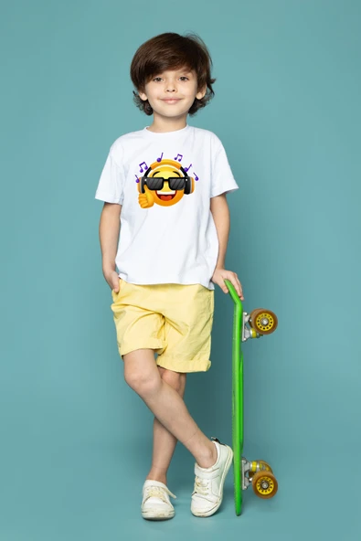 TexKid Müzik Dinleyen Emoji Baskılı Eğlenceli Tasarım Pamuklu Çocuk Tişörtü ürün görseli 1
