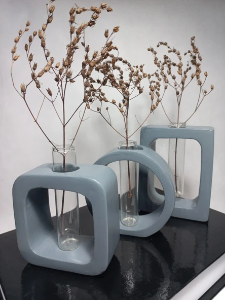 Modern Sanat Esintili, Dikdörtgen-Kare-Yuvarlak Formlu, Cam Tüplü Dekoratif 3'lü Vazo Set Gri ürün görseli 1