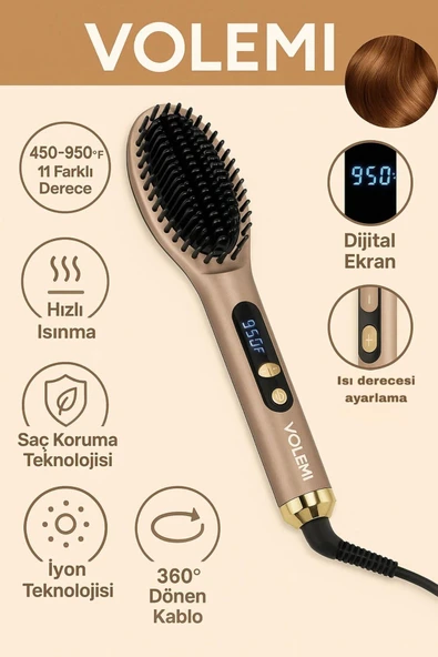 Volemı® V-0111 Dijital Ekranlı Saç Düzleştirici Fırça 450-950°f 11 Kademe İyon Teknolojisi Hızlı Isınma ürün görseli 1
