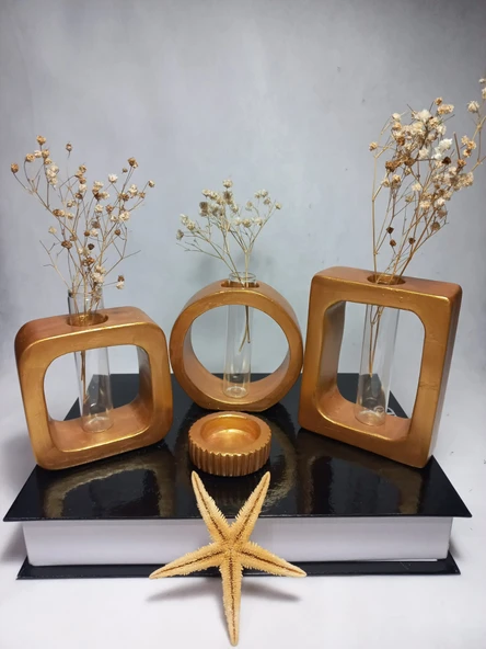 Modern Sanat Esintili, Dikdörtgen-Kare-Yuvarlak Formlu, Cam Tüplü Dekoratif 3'lü Vazo Set Antiquity Gold ürün görseli 1