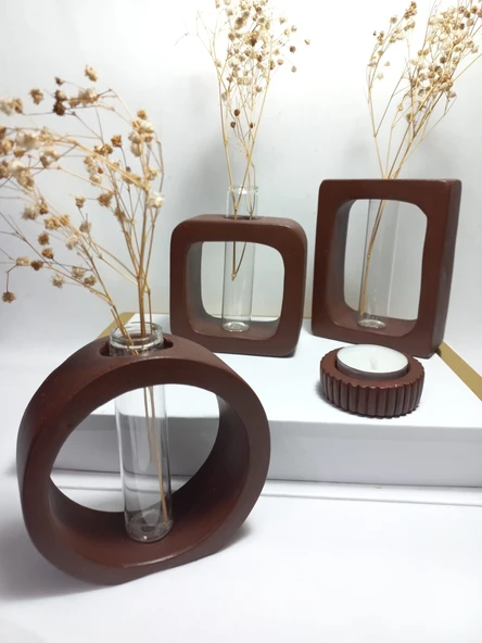 Modern Sanat Esintili, Dikdörtgen-Kare-Yuvarlak Formlu, Cam Tüplü Dekoratif 3'lü Vazo Set Chocolate Kahve ürün görseli 1