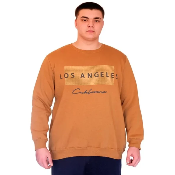 Büyük Beden Sweatshirt Bisiklet Yaka 3 İplik 24561 Camel ürün görseli 1