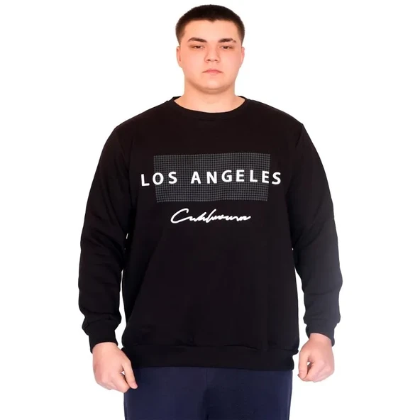 Büyük Beden Sweatshirt Bisiklet Yaka 3 İplik 24561 Siyah ürün görseli 1