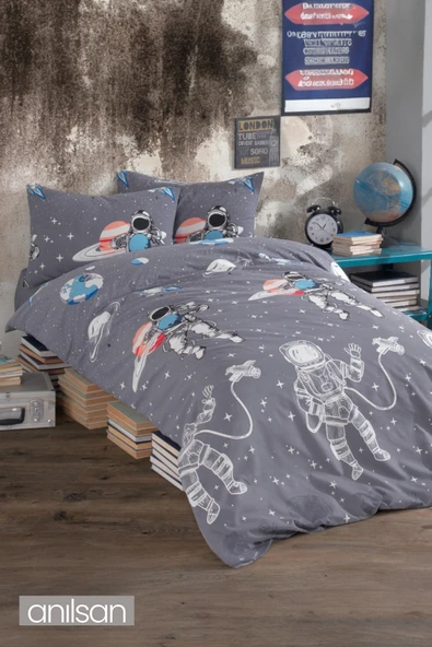 Astronot Desenli Baskılı Çocuk Nevresim Takımı Tek Kişilik Yumuşak Pamuklu Kumaş ürün görseli 1