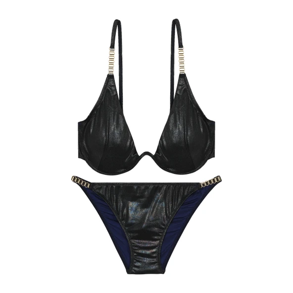 Kapsız Balenli Parlak  Ayarlanabilir Askılı  Metal Detaylı Bikini Takımı ürün görseli 1