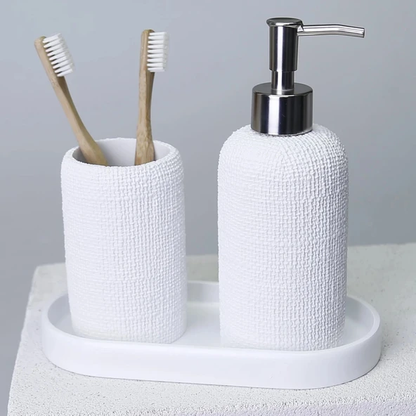 By Selim Natural Beyaz 5 Parça Polyester Banyo Seti - Resim 3