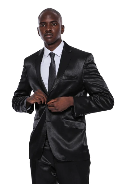 2 Düğmeli Slim Fit Saten Siyah Erkek Damatlık Takım - Wessi ürün görseli 1