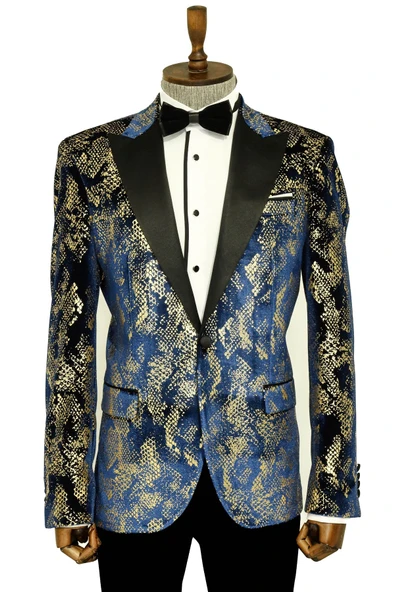 Dik Yaka Slim Fit Altın Desenli Lacivert Erkek Balo Ceket - Wessi ürün görseli 1