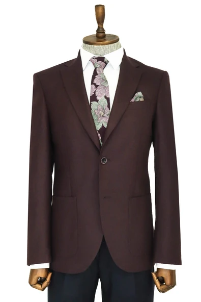 Slim Fit Desensiz Geniş Yaka Bordo Erkek Yün Ceket - Wessi ürün görseli 1
