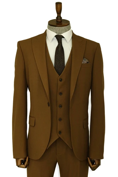 Tek Düğmeli Slim Fit Taba Yelekli Erkek Takım Elbise - Wessi ürün görseli 1