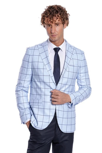Kare Desenli Slim Fit Açık Mavi Erkek Ceket - Wessi ürün görseli 1