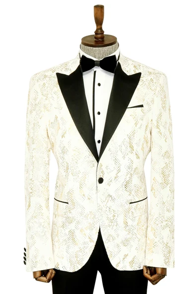 Dik Yaka Slim Fit Altın Desenli Beyaz Balo Ceket - Wessi ürün görseli 1