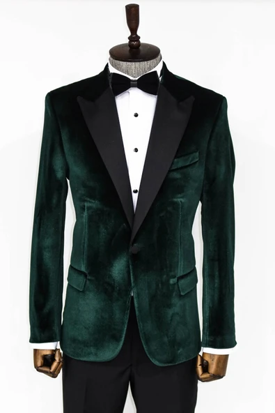 Kadife Slim Fit Tek Düğmeli Koyu Yeşil Erkek Balo Ceket - Wessi ürün görseli 1