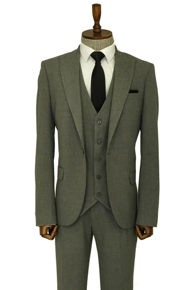 Tek Düğmeli Slim Fit Koyu Gri Yelekli Erkek Takım Elbise - Wessi ürün görseli 1