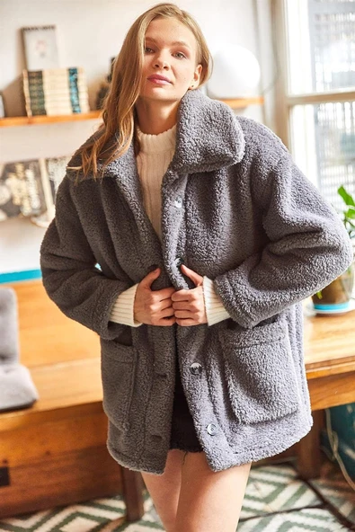Nsade Düğmeli Cepli Astarsız Oversize Peluş Ceket Gri ürün görseli 1