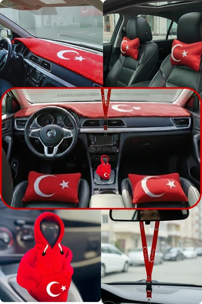 Türk Bayraklı Torpido Örtüsü & Dijital Baskılı Araç Yastığı & Vites Kılıfı Polar & Oto Ayna Askısı ürün görseli 1