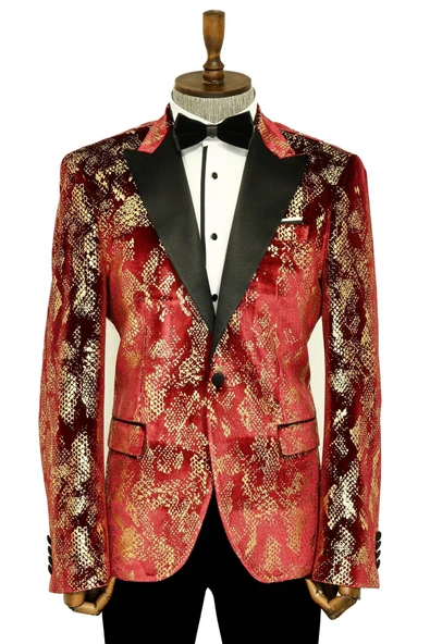 Dik Yaka Slim Fit Altın Desenli Bordo Balo Ceket - Wessi ürün görseli 1
