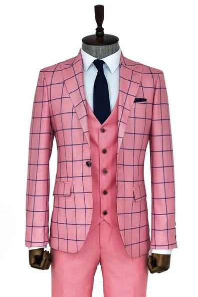 Ekose Ceketli Slim Fit Pembe Erkek Kombinli Takım Elbise - Wessi ürün görseli 1