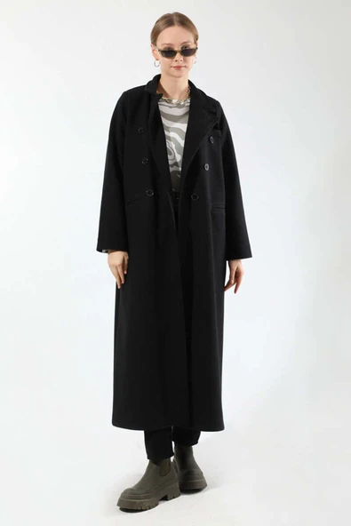 ZÜLAYS Uzun Oversize Kaşe Kaban Siyah - Resim 3