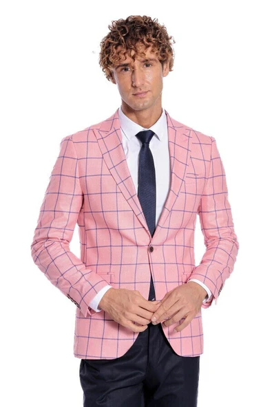 Mavi Kare Desenli Slim Fit Pembe Erkek Ceket - Wessi ürün görseli 1