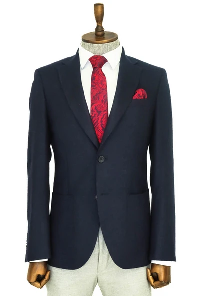Slim Fit Desensiz Geniş Yaka Lacivert Erkek Yün Ceket - Wessi ürün görseli 1