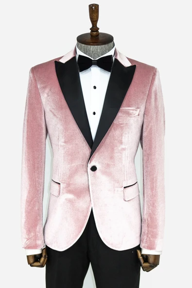 Kadife Slim Fit Tek Düğmeli Pembe Erkek Balo Ceket - Wessi ürün görseli 1