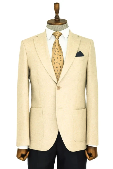 Slim Fit Desensiz Geniş Yaka Krem Erkek Yün Ceket - Wessi ürün görseli 1