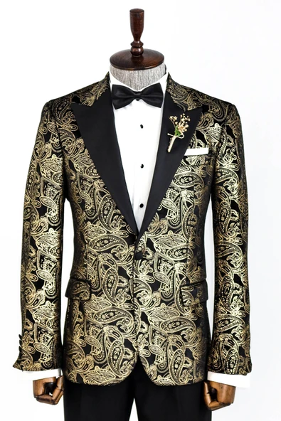 Slim Fit Altın Şal Desenli Siyah Erkek Smokin Blazer ürün görseli 1