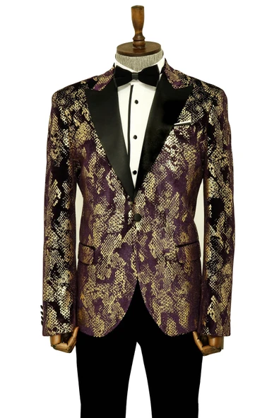 Dik Yaka Slim Fit Altın Desenli Mor Balo Ceket - Wessi ürün görseli 1