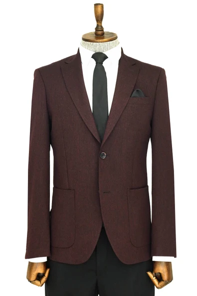 Kendinden Desenli Slim Fit Sivri Yaka Bordo Erkek Ceket - Wessi ürün görseli 1