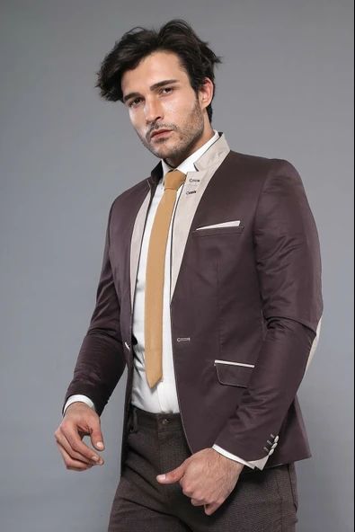 Single Button Collar Garni Tippet Brown Jacket-Wessi ürün görseli 1