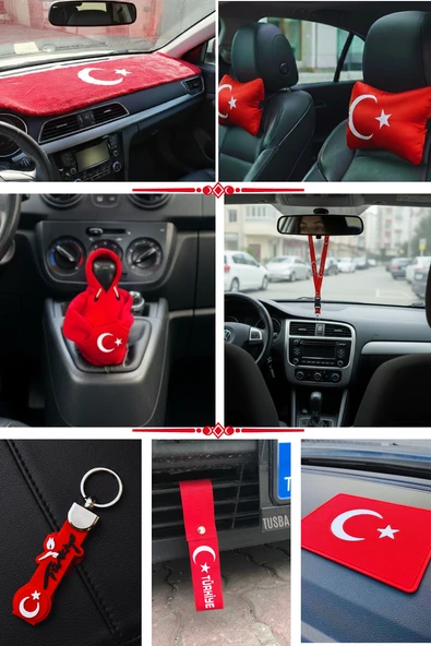 Türk Bayraklı Ayyıldız Desenli Torpido Üstü Koruyucu Pelüş Halı & Araç Oto Aksesuar Seti ürün görseli 1